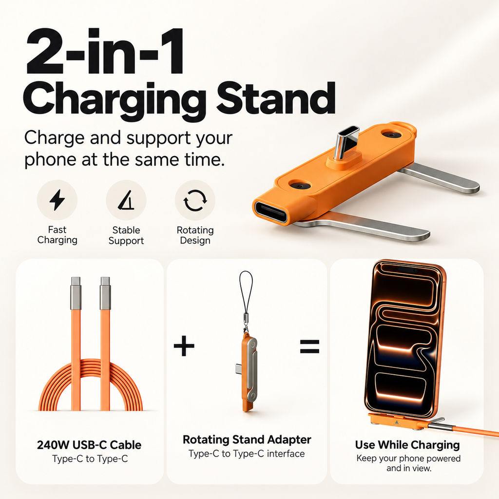 🔋240W 2-in-1 USB-C Fast Charging Cable with Rotating Phone Stand