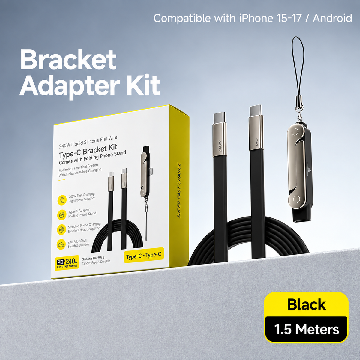 🔋240W 2-in-1 USB-C Fast Charging Cable with Rotating Phone Stand