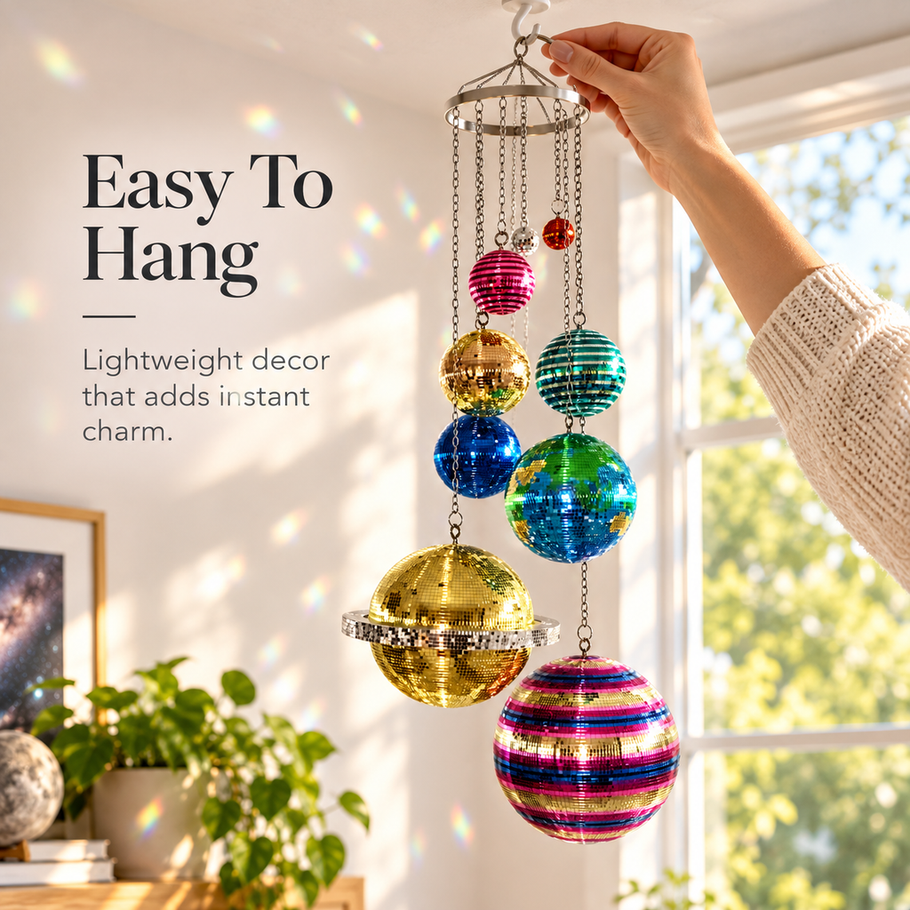 ✨Solar System Disco Ball Hanging Mobile – Colorful Reflective Celestial Room Decor