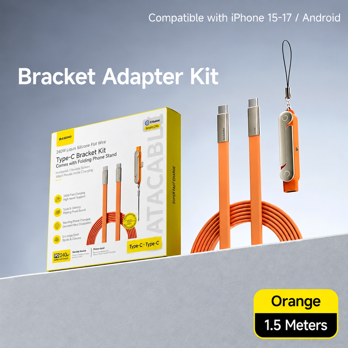 🔋240W 2-in-1 USB-C Fast Charging Cable with Rotating Phone Stand