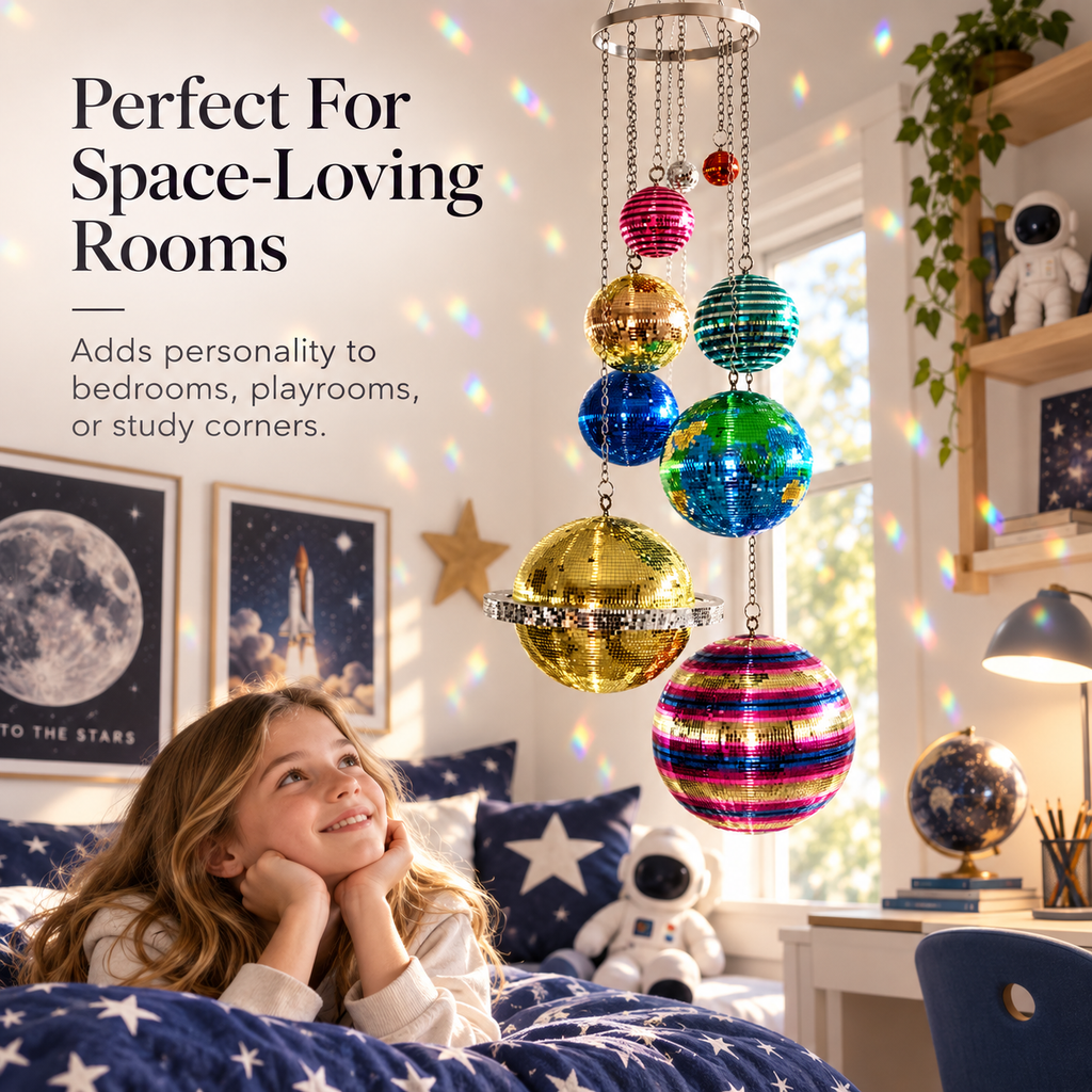 ✨Solar System Disco Ball Hanging Mobile – Colorful Reflective Celestial Room Decor