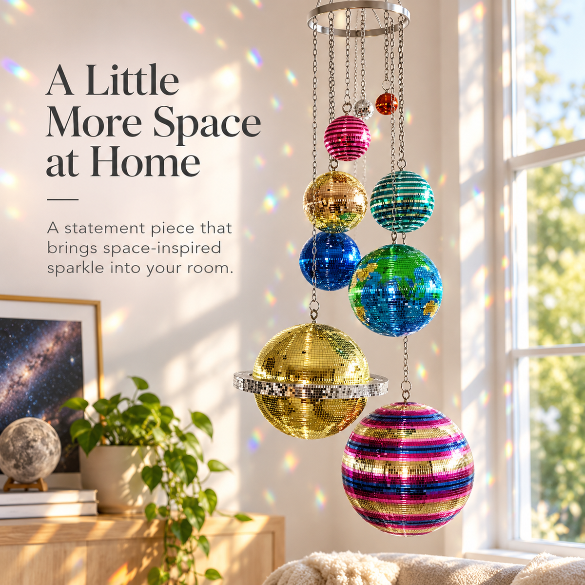 ✨Solar System Disco Ball Hanging Mobile – Colorful Reflective Celestial Room Decor