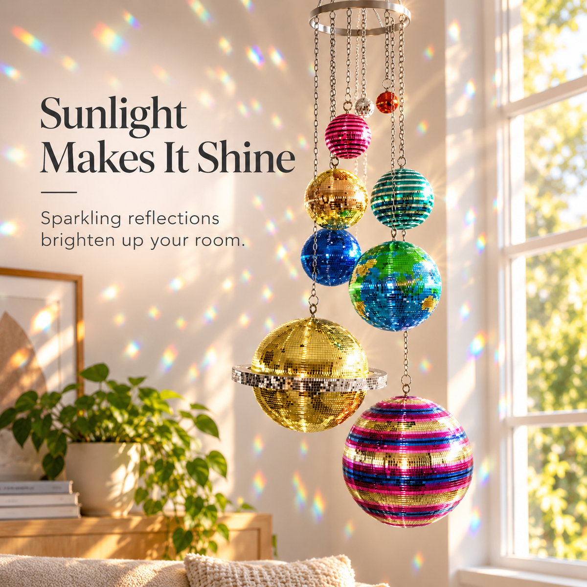 ✨Solar System Disco Ball Hanging Mobile – Colorful Reflective Celestial Room Decor