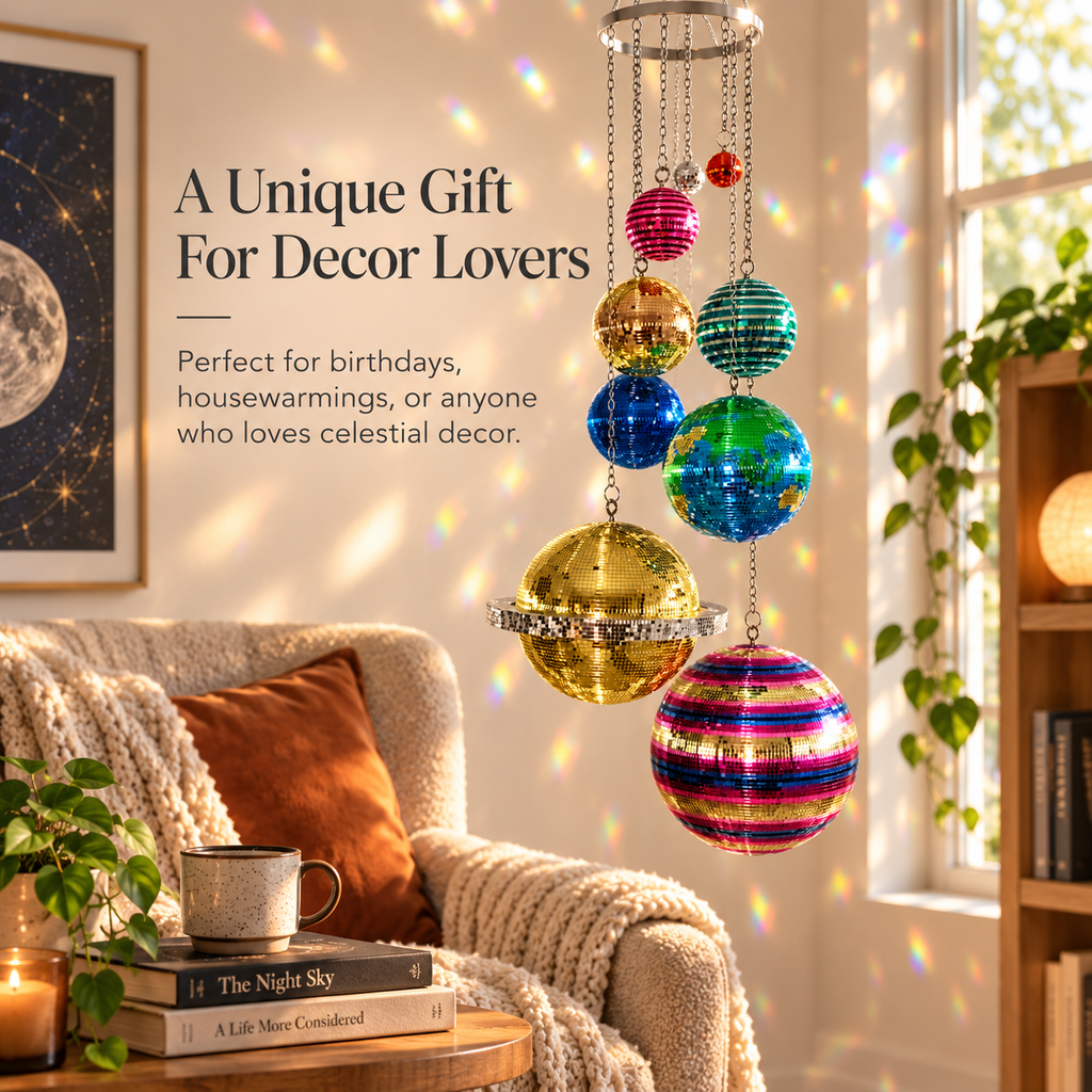 ✨Solar System Disco Ball Hanging Mobile – Colorful Reflective Celestial Room Decor